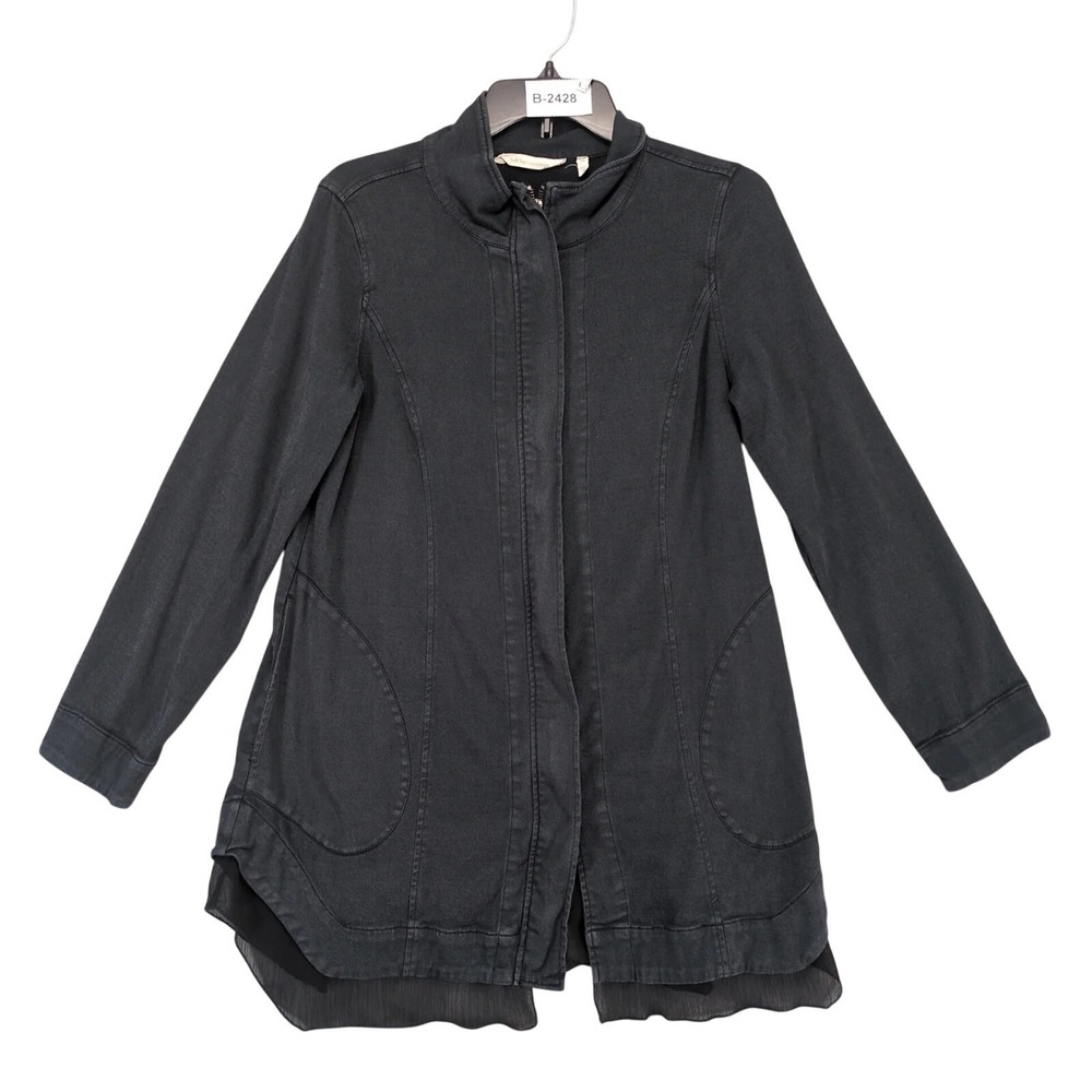 Soft Surroundings Black Full Zip Jacket Womens XS Mock Neck Sheer Hem Trim Goth